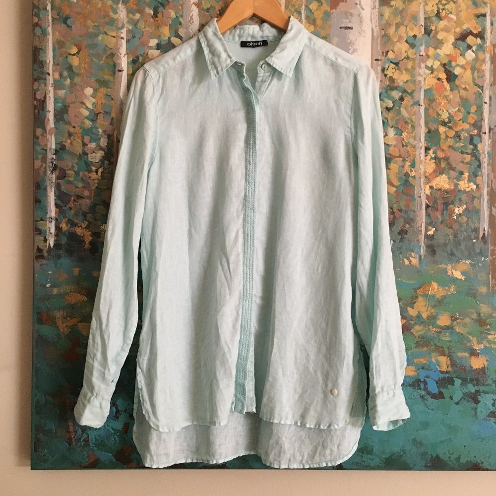 Olsen Europe Powder Blue Linen Hidden Button Embroidered Shirt S
